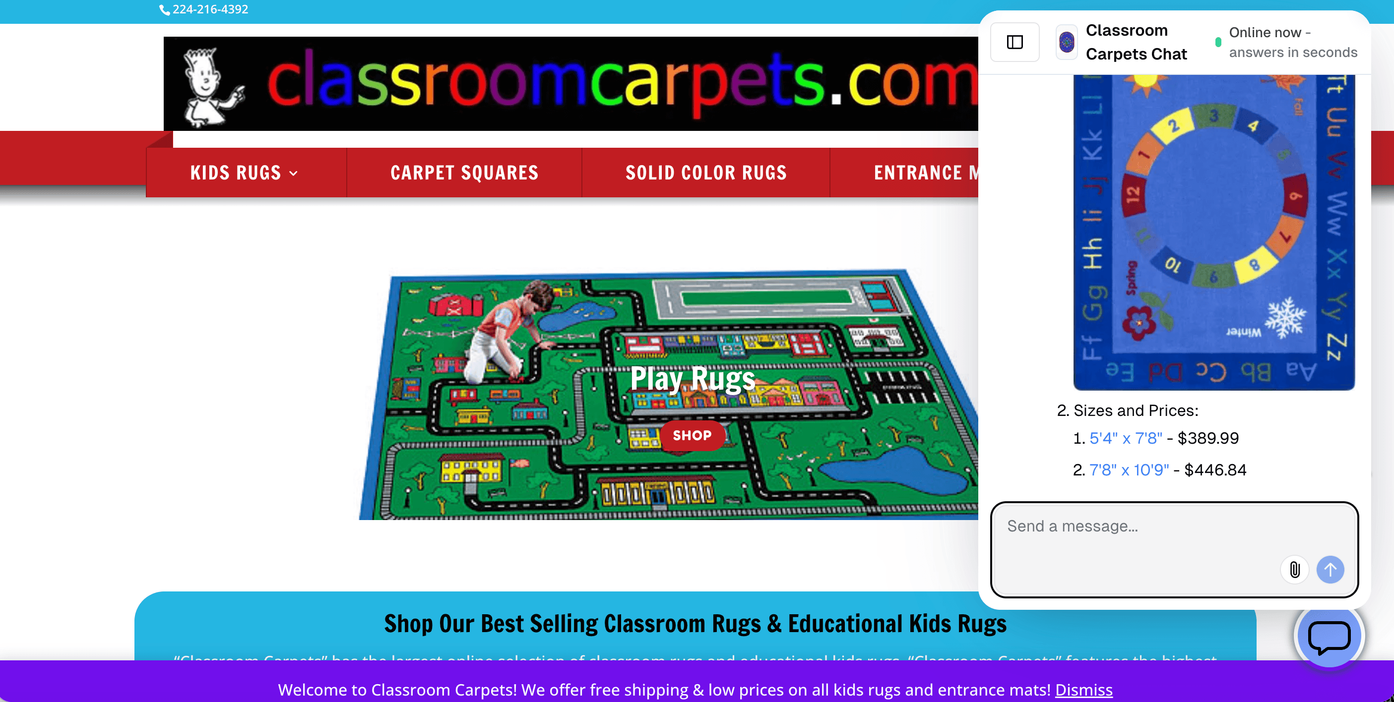 ClassroomCarpets website showing children playing on a colorful rug beside a bright, attractive chatbot interface.