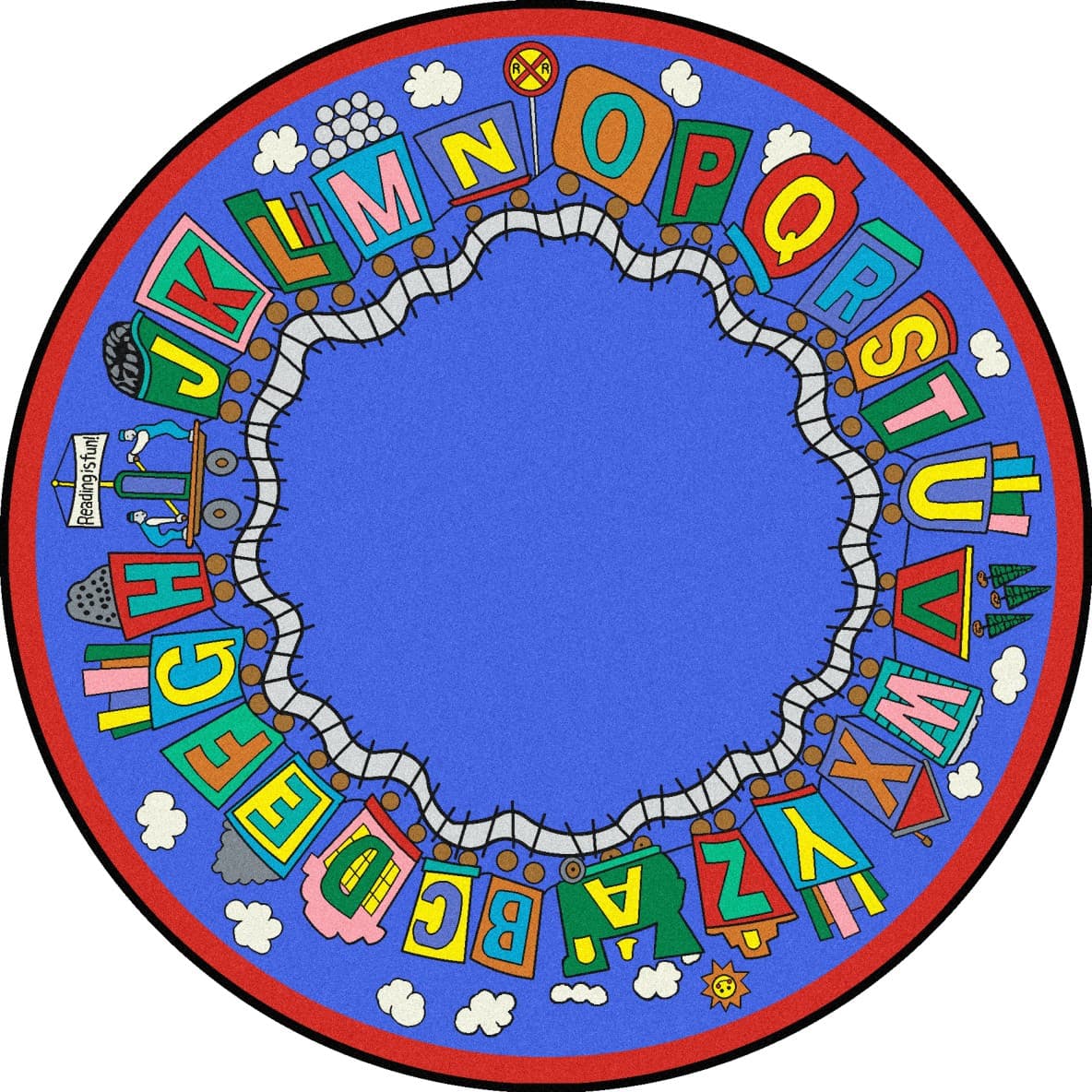 Round classroom carpet with alphabet train design