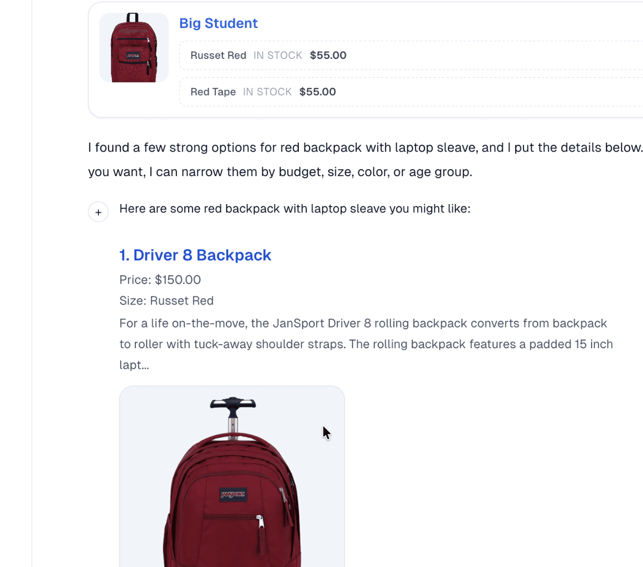 Sellbot AiML chat showing a recommendation for a red backpack with laptop sleeve, including a visible Jansport product image and recommendation details.
