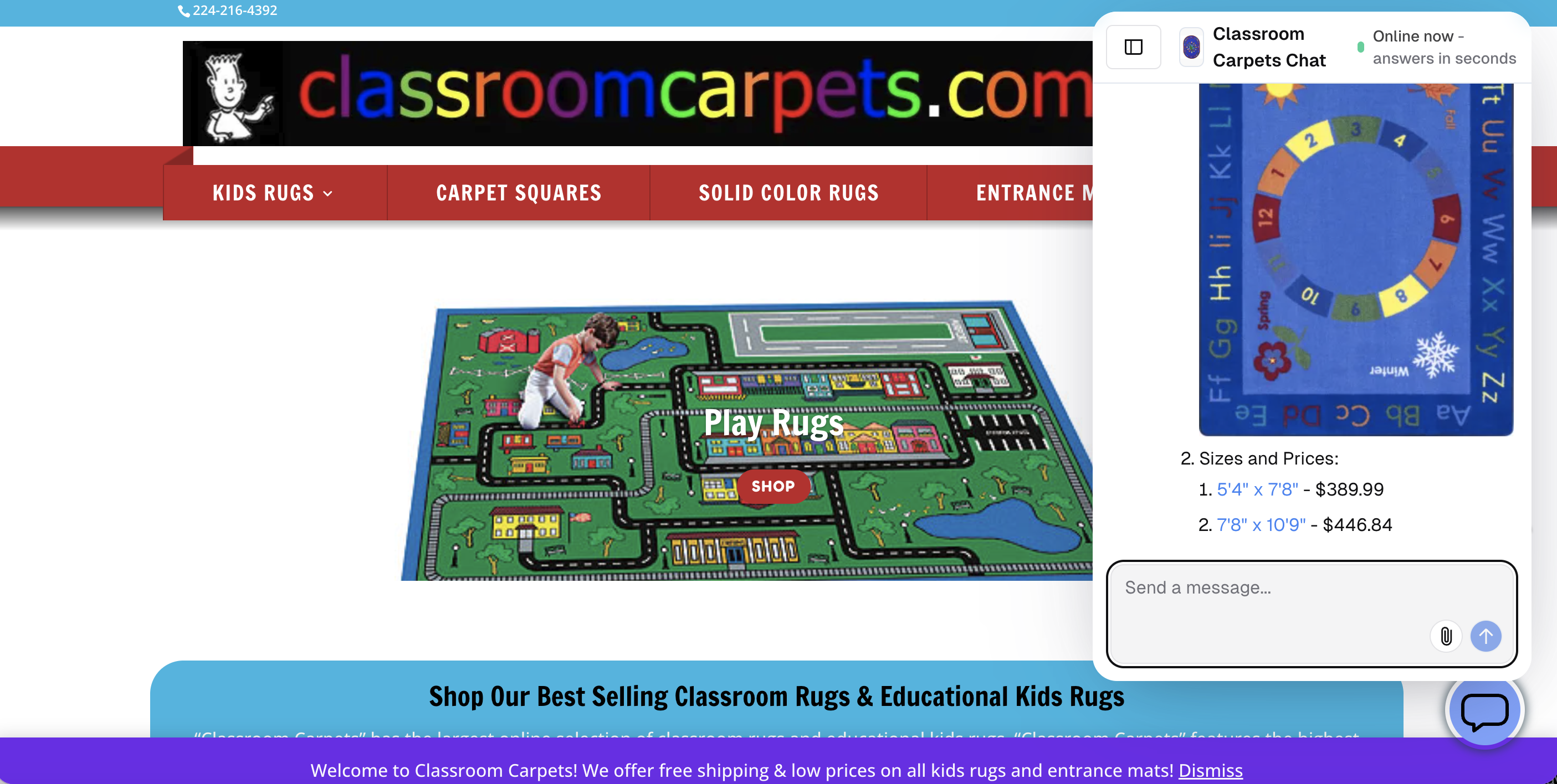 ClassroomCarpets website showing children playing on a colorful rug beside a bright, attractive chatbot interface.